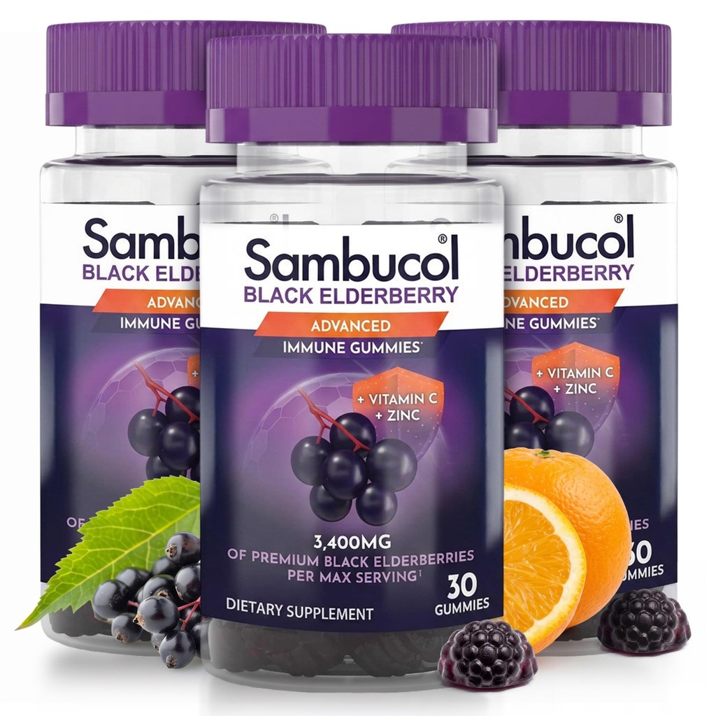Sambucol Black Elderberry Gummies - Hyldebær med zink og C-vitamin til voksne, Sambucus Elderberry Gummies, immunstøtte Gummies - 30 Greve, 3 Pack