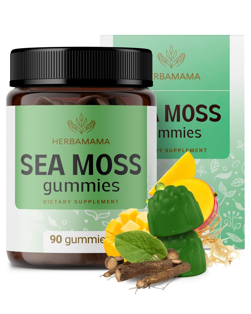HERBAMAMA Irish Sea Moss Gummies - 1600mg True Sea Moss Supplement med Bladderwrack og Burdock Root - Vegan, non-GMO hud glow, energi & immunforsvar - 90 Pectin- baserede Mango- smag tygger