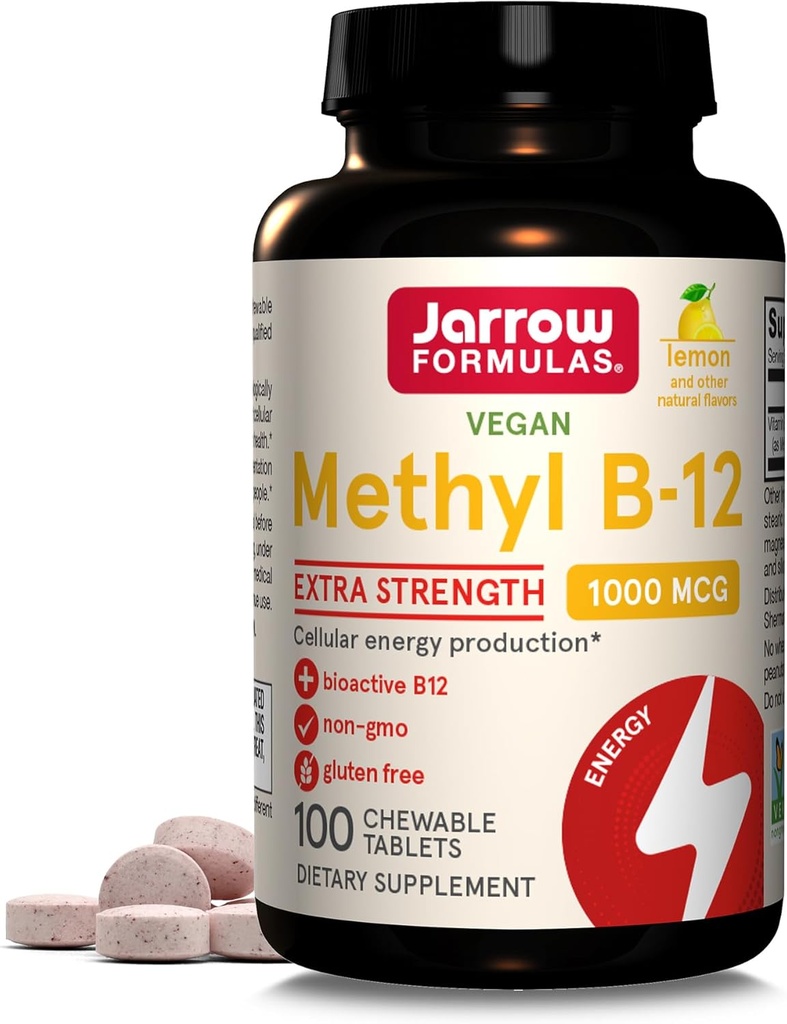 Jarrow Formulas Extra Strength Methyl B-12, Dietary Supplement for Cellular Energy Production, 100 Lemon-Flavored Chewable Tablets, Up to a 100 Day Supply