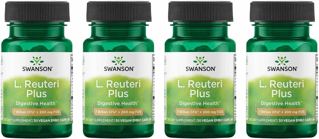 Swanson L. Reuteri Probiotic Plus w / L. Rhamnosus L. Acidophilus & FOS Prebiotisk fordøjelsesstøtte - fremmer Gut Health w / 7 Millioner CFU per kapsel - (30 Veggie kapsler) (4 Pack)