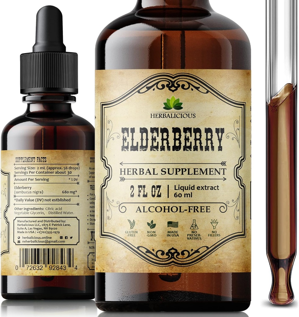 Organic Elderberry Extract - Natural Black Elderberry Herbal Supplement - Immunboostere til voksne, fordøjelsesfremmende & hjerte support - Antioxidanter, C-vitamin & fibre - 2 oz væske til mænd og kvinder