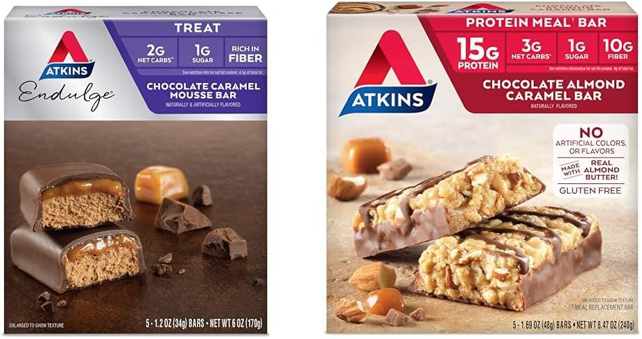 Atkins Endulge Chokolade Caramel Mousse Bar, Dessert Favorite, 1g Sukker, Høj i Fiber, 5 Grev & Chokolade Mandel Caramel Bar, Keto- Friendly, Gluten Free med Real Mandel Butter, 5 Greve (Pack of 1)