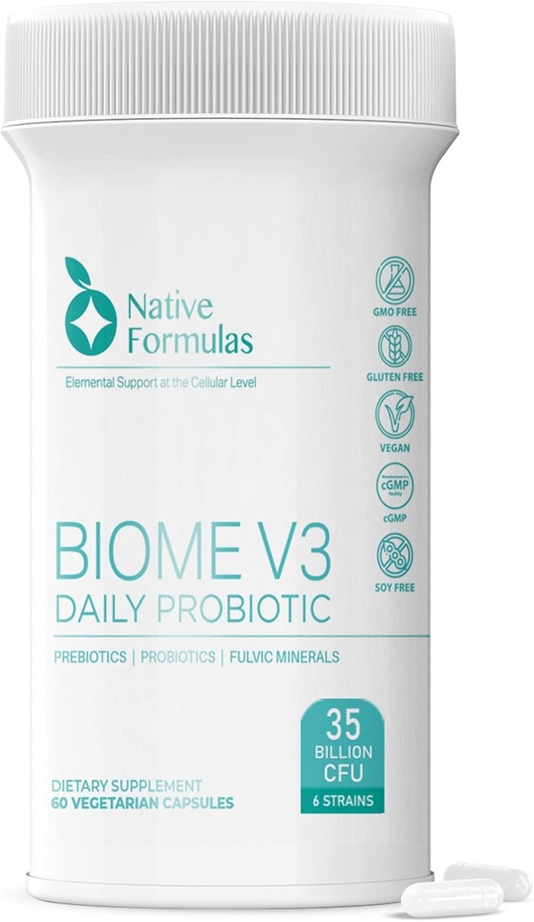 Native Formulas Biome V3 Probiotic, Prebiotic, & Fulvic Minerals Supplements - 35 Billion CFU - 6 Strains - 60 Vegan Capsules - Women & Men - FODMAP Friendly - Supports Digestive, Immune & Gut Health
