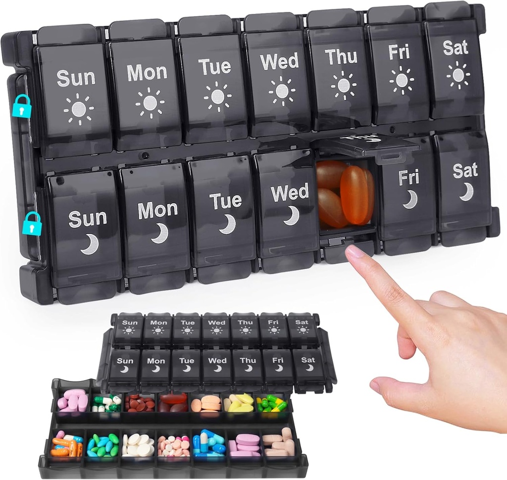 HRX Pakke Ugentlig Pill Organizer 2 gange om dagen, Easy Fill & Open AM / PM Medicine Box 7 Day Vitamin Cases Dag og nat