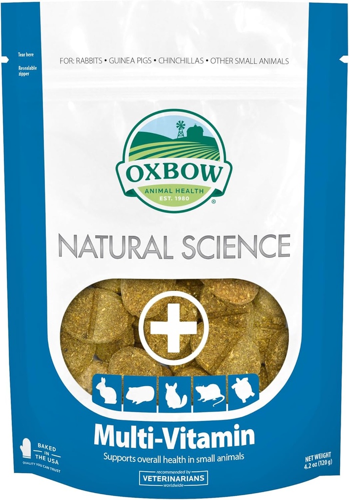 Oxbow Natural Science Multi- Vitamin, High Fiber supplement til kaniner & Guinea svin, Lavet med Timothy Hay, Multi- Pet Households, Omega 3 & 6 fede syrer, Lavet i USA, 4.2 oz Bag
