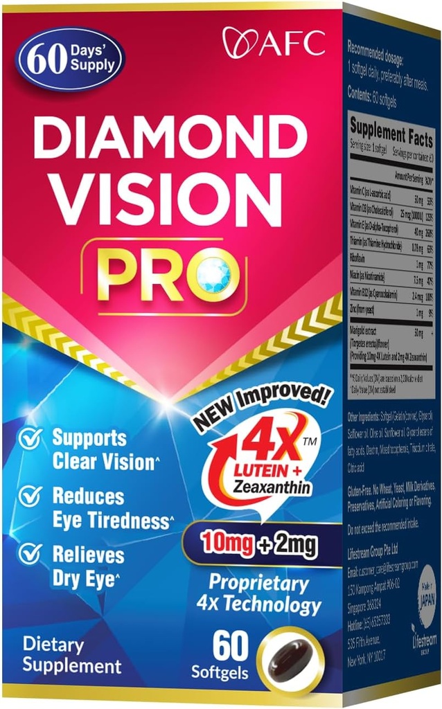 AFC Japan Diamond Vision PRO - Forbedret, Up-Sized Formel - Lutein & Zeaxanthin 4X med øjenvitaminer - Visual Health Supplement for voksne, Screen Exposure, Night Use, 60 Softgel