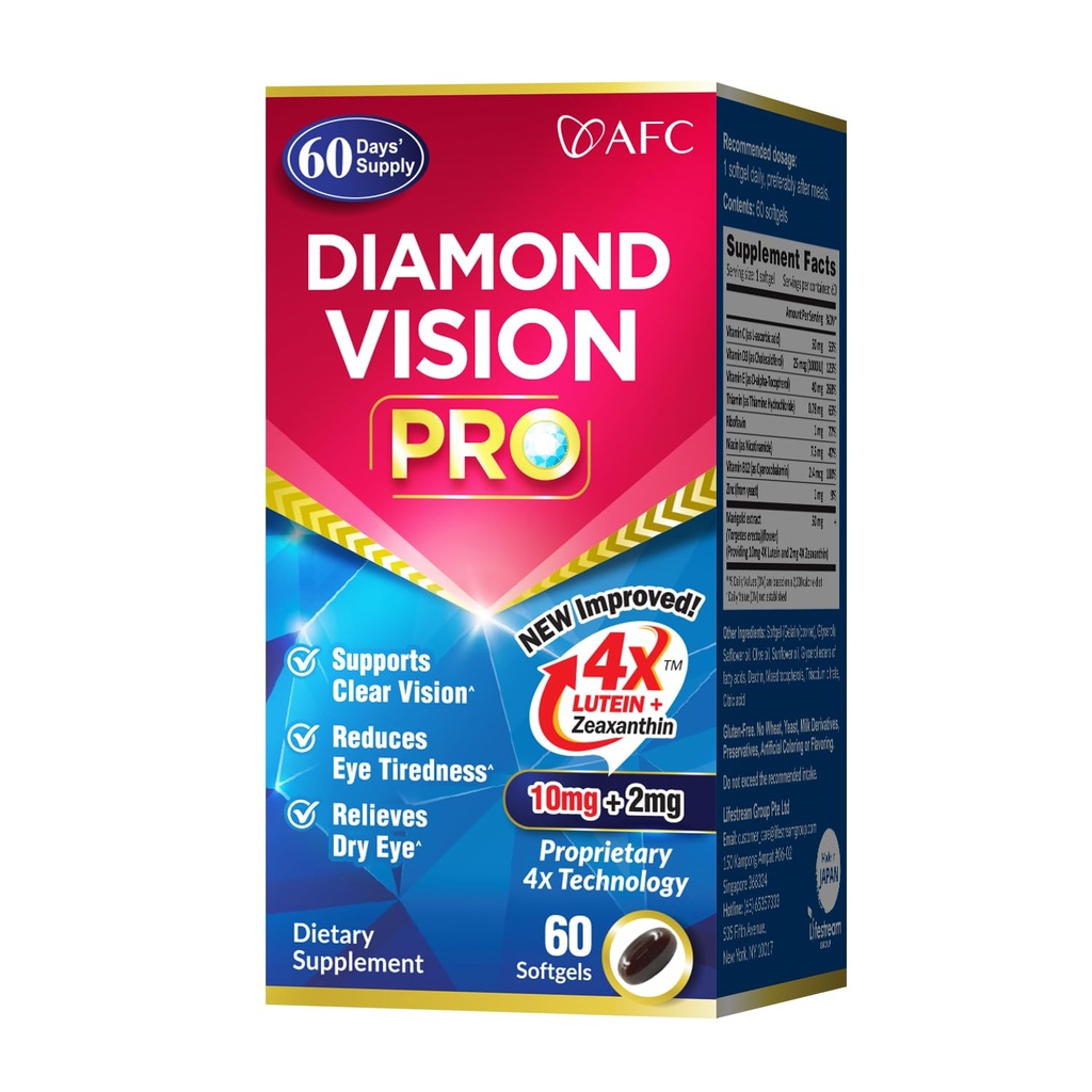 AFC Japan Diamond Vision PRO - Forbedret, Up-Sized Formel - Lutein & Zeaxanthin 4X med øjenvitaminer - Visual Health Supplement for voksne, Screen Exposure, Night Use, 60 Softgel