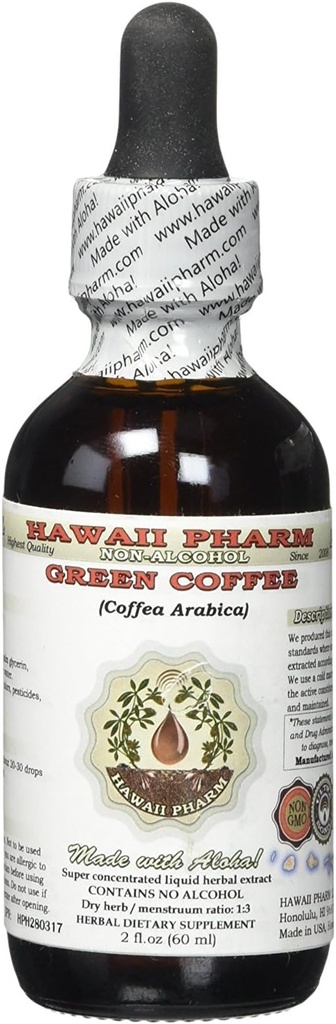 Grøn kaffe Alkohol- Free Liquid Extract, Grøn kaffe (Coffea Arabica) Tørret Bean Glycerite Hawaii Pharm Natural Herbal Supplement 2 oz