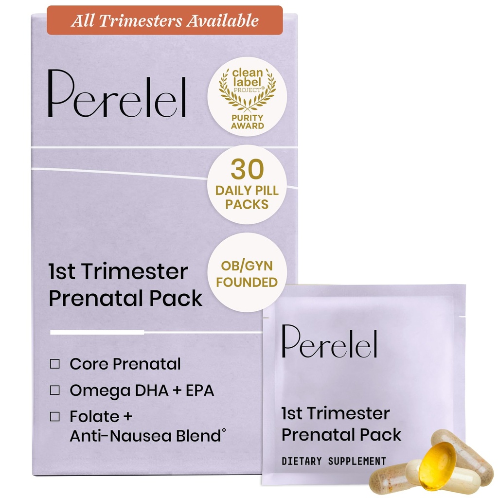 Perelel 1. Trimester Prenatal Pack, Multivitamin med folat, D-vitamin, Omega 3, Jern & Ingefær, Nutritional Support for Early Graviditet, Soy & Gluten Free, Non GMO, 30 Daily Pill Packs