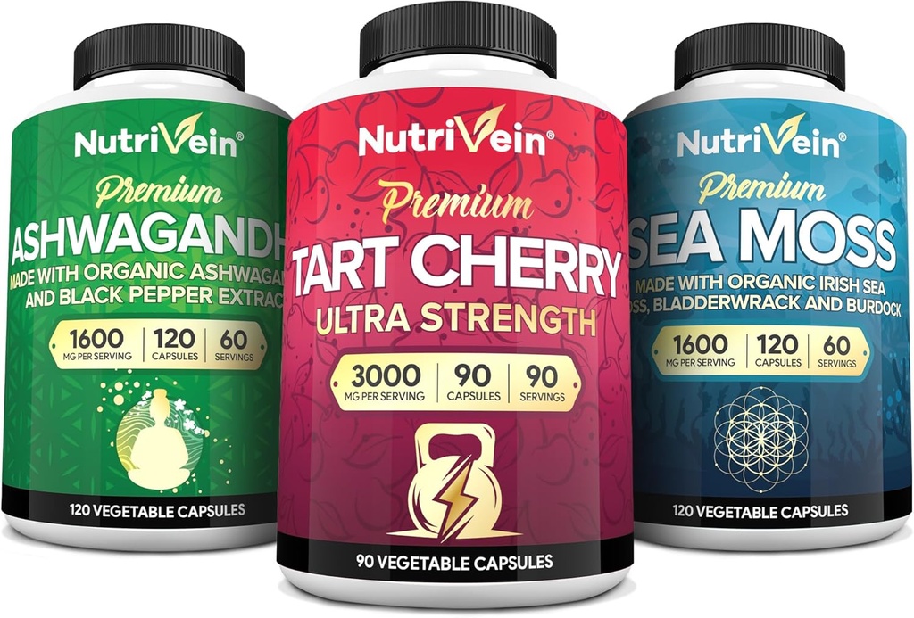 Nutrivein Irish Sea Moss Capsules, Ashwagandha, og Tart Cherry Capsules Bundle: Sea Moss, Tart Cherry Supplement, & Ashwagandha Kosttilskud