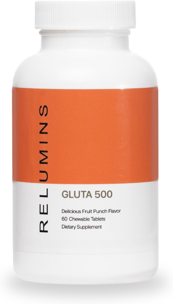 Reluminer Gluta 500 tyggetabletter med Glutathion, Hyaluronsyre, C-vitamin, Biotin & Collagen - Understøtter hud Tone & Glow - Fruit Punch Flavor - Lavet i USA - 60 tabletter