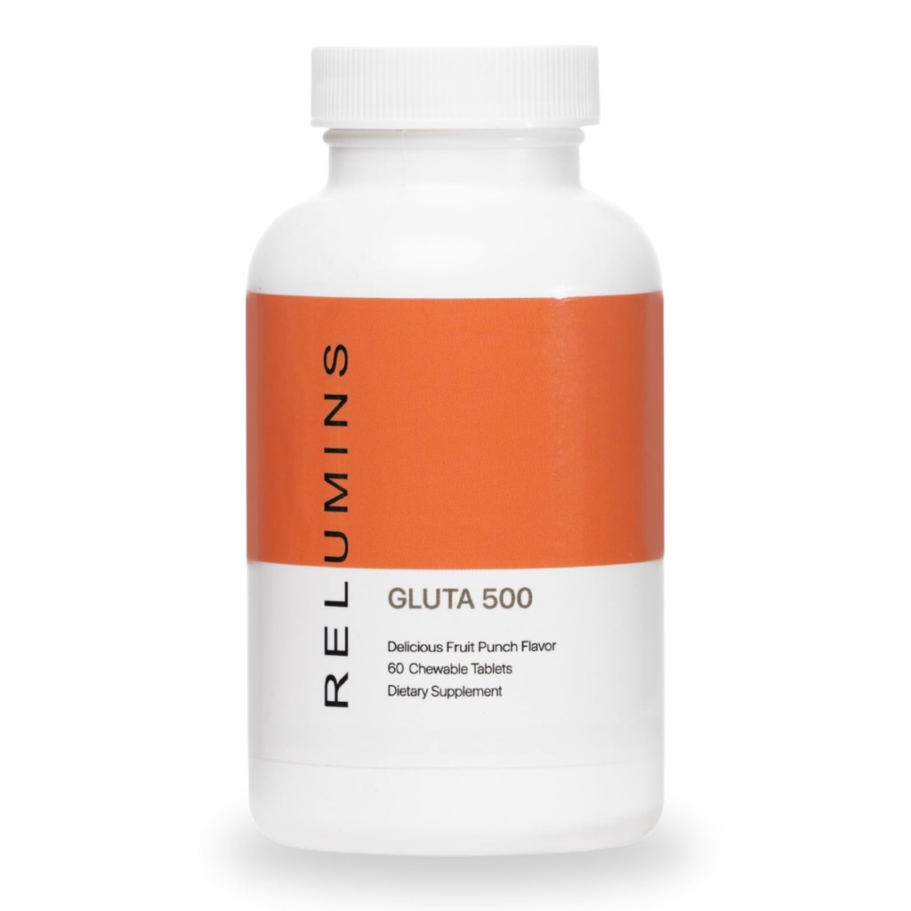 Reluminer Gluta 500 tyggetabletter med Glutathion, Hyaluronsyre, C-vitamin, Biotin & Collagen - Understøtter hud Tone & Glow - Fruit Punch Flavor - Lavet i USA - 60 tabletter