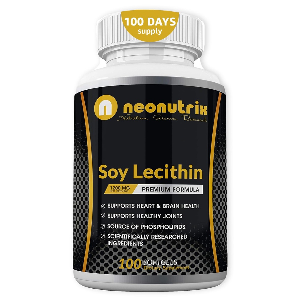 Soja Lecithin Capsules 1200mg (One a Day, 100 Softgels) immunsupportsupplement Rich in Phospholipids Understøtter Metabolisme, hjerne & hjerte sundhed & celle funktioner Lavet i USA Non- GMO af Neonutrix