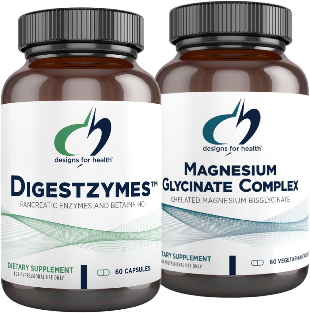 Design for sundhed Magnesium Glycinate Complex (60 kapsler) & Digistzymes (60 kapsler) Bundle - fordøjelsesenzymer til lejlighedsvis gas & bloating med høj absorption Magnesium supplement
