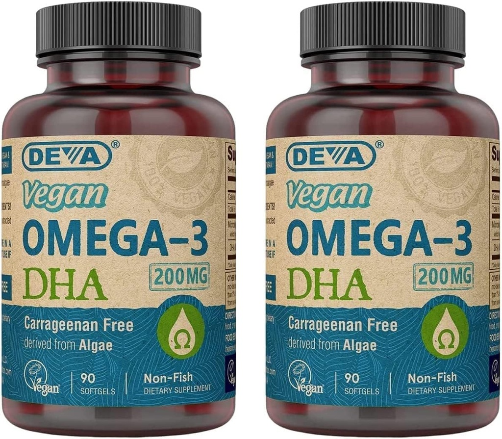 DEVA Vegan Omega-3 DHA Supplement - Once- Per- Day Softgels 200 MG - Carrageenan Free - Gelatine Free - Non-Fish - Alger Oil Omega-3 Fede Acids - 90 Softgels (pakke med 2)