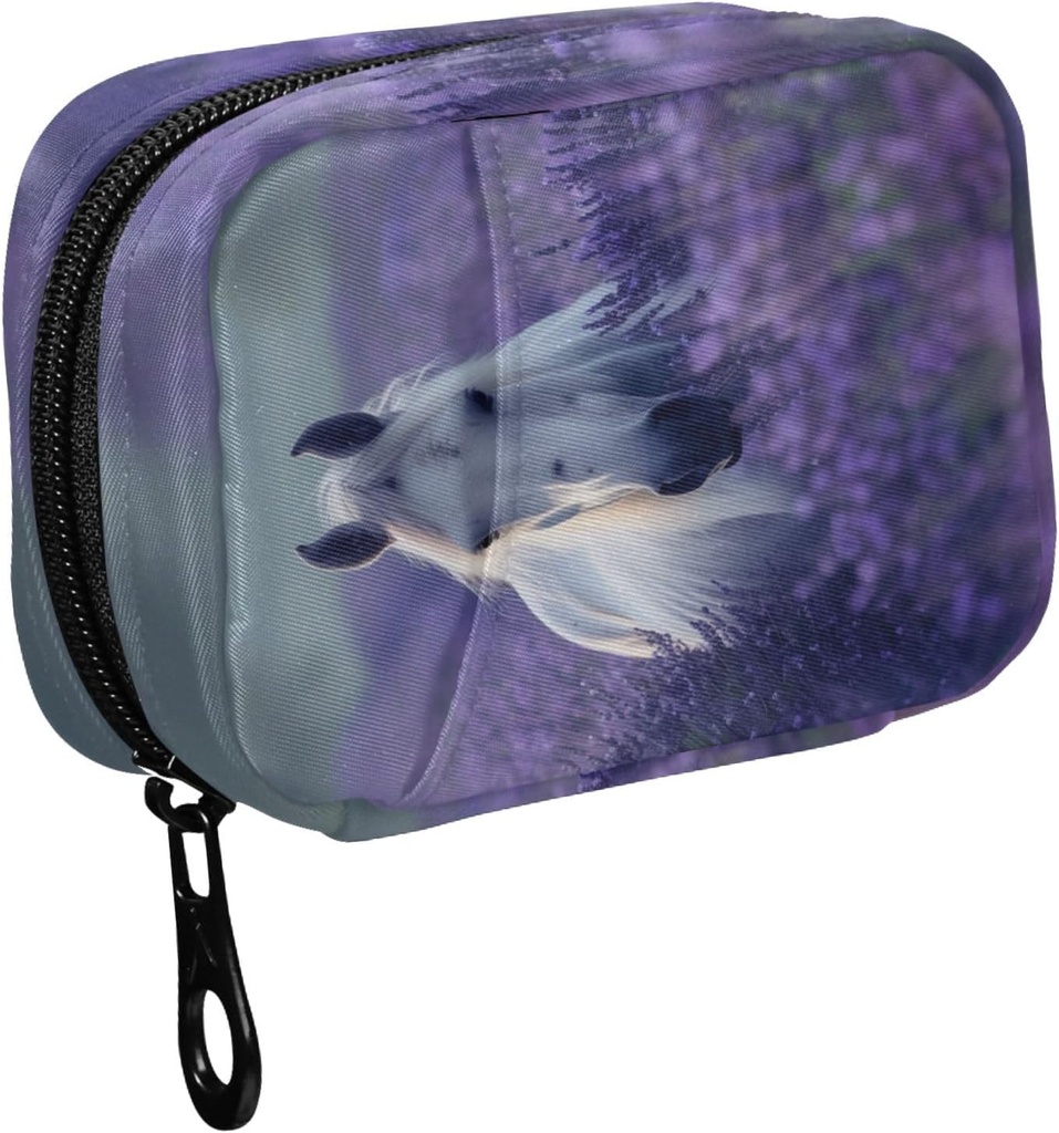 Fustylead Smukke hvide hest i Lavender Flower Field Pille Organizer og opbevaring Ugentlig med lynlås, Aftagelig Pill Box Portable Medicine Organizer for Vitamin Fish Oil Supplement