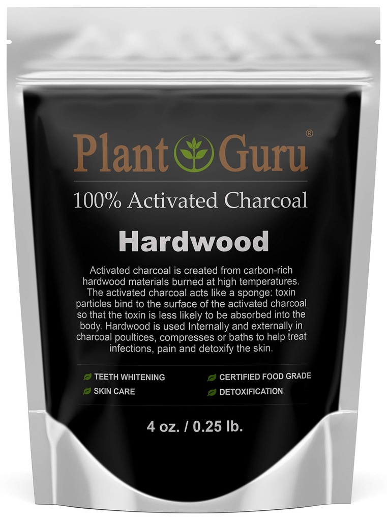 Plant Guru Aktiveret kul pulver 4 oz. HARDWOOD - Food Grade Kosher Non- GMO - Tandblegning, Ansigtsmaske og Sæbe Making. Fremmer naturlig afgiftning og hjælper fordøjelsen