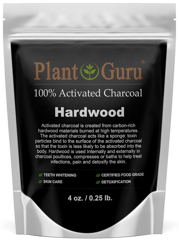 Plant Guru Aktiveret kul pulver 4 oz. HARDWOOD - Food Grade Kosher Non- GMO - Tandblegning, Ansigtsmaske og Sæbe Making. Fremmer naturlig afgiftning og hjælper fordøjelsen