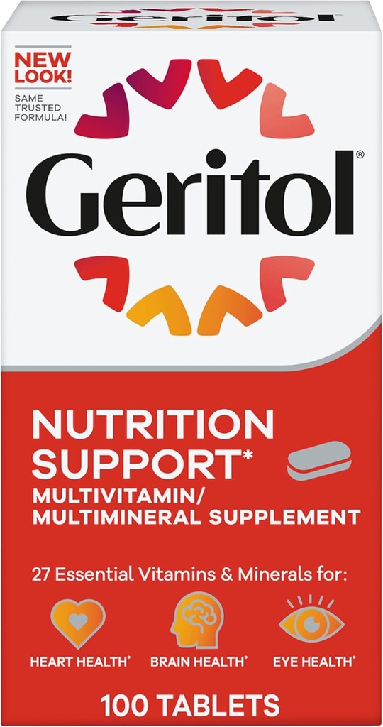 Geritol, Multivitamin Supplement, Indeholder B- Vitamin, Antioxidanter, Vitamin C, E & D og Jern, 26 Essentielle Vitamin og Mineraler, Glutenfri, Non- GMO, Ingen kunstige sødestoffer, 100 tabletter
