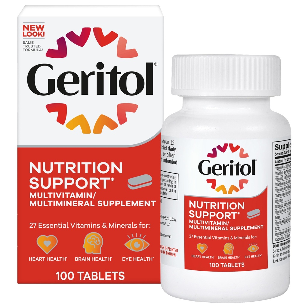 Geritol, Multivitamin Supplement, Indeholder B- Vitamin, Antioxidanter, Vitamin C, E & D og Jern, 26 Essentielle Vitamin og Mineraler, Glutenfri, Non- GMO, Ingen kunstige sødestoffer, 100 tabletter