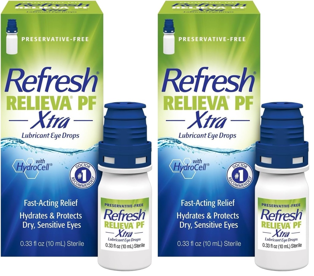 Genopfrisk RELIEVA PF Xtra Preservative- Gratis kunstige Tårer Smøremiddel øjendråber, 2x0.33 fl oz (20 ml), 2 Greve