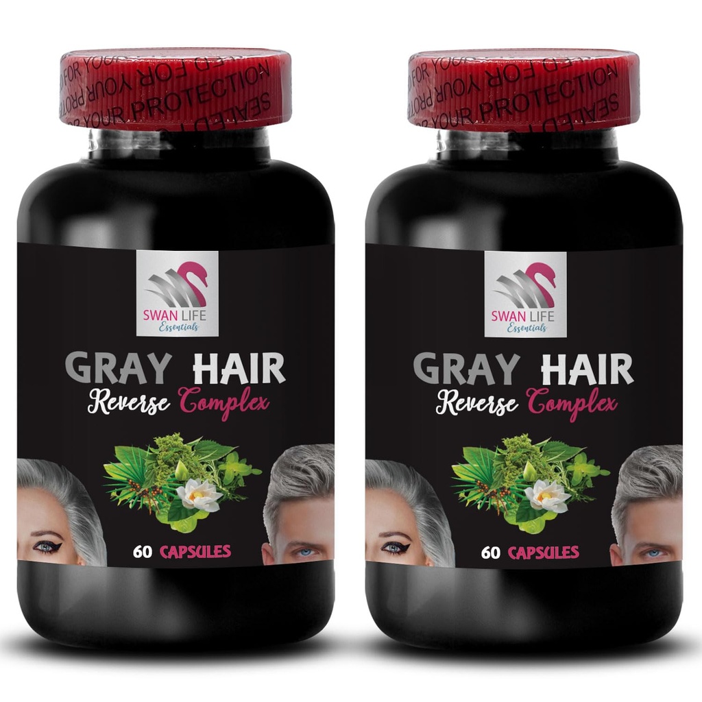 Hårberigelse - GRAY HÅR REVERSE - Hår revitalizer, Color boost, Strålende hår, Hårskygge genoplivning, Hårtransformation, Glossy hår, Youthly udseende, Rig hårfarve 2 Flasker 120 Kapsler