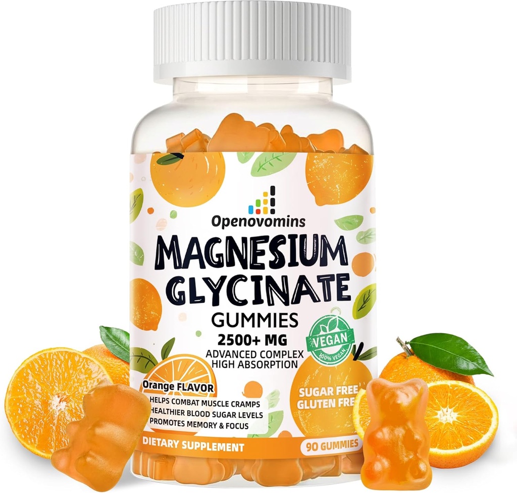 Magnesium Glycinat Gummies - Sukker fri Magnesium Kalium tillæg med D-vitamin, B6, CoQ10 for rolig mood & søvn support - 90 Orange Gummies