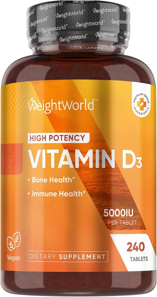 WeightWorld Vegan Vitamin D3 5000 IE - Sourced from Wild Hartered Lichen - Vitamin D Supplement fra Biotilgængelig Cholecalciferol - 240 Vitamin D3 tabletter - Gluten- Free & Allergen- Free