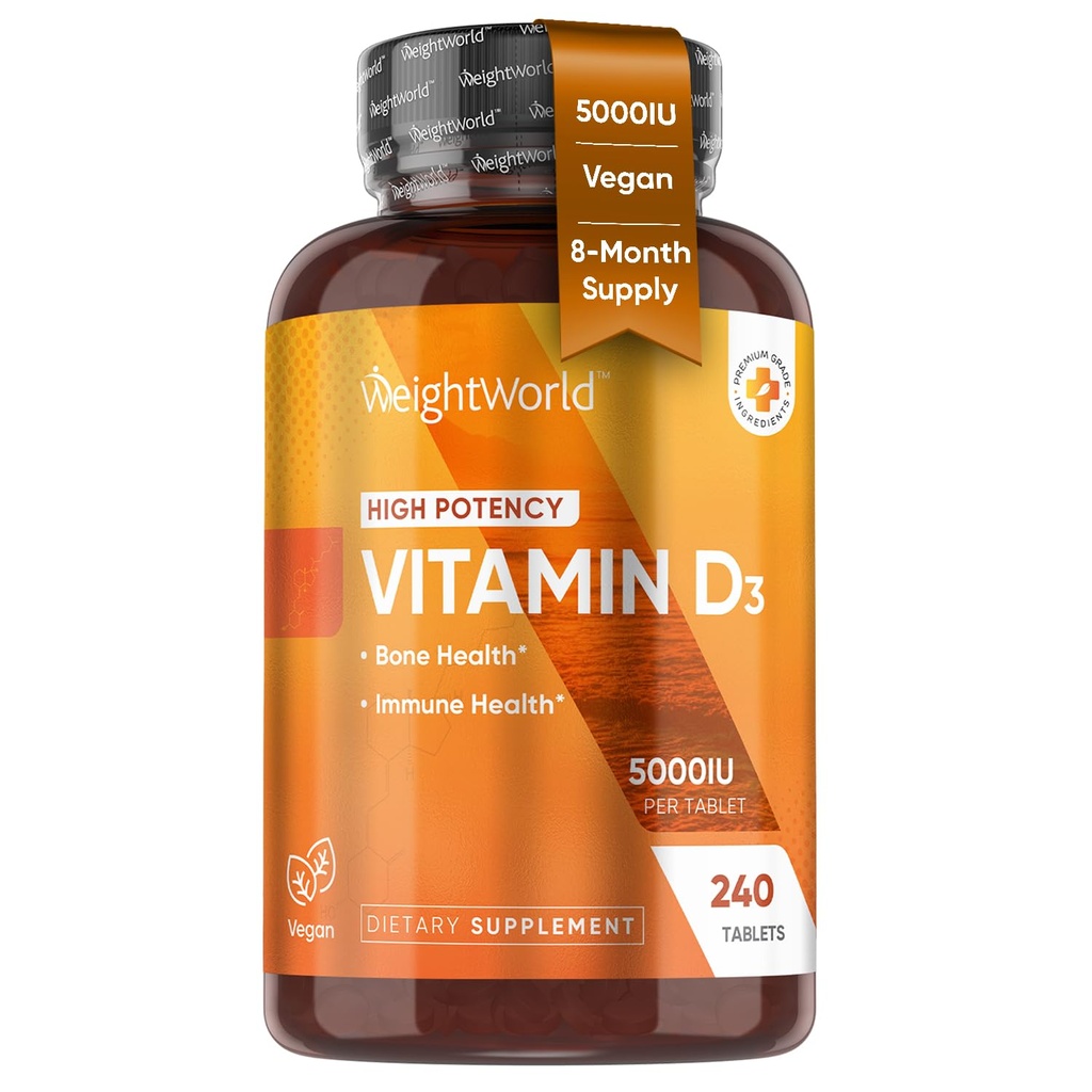 WeightWorld Vegan Vitamin D3 5000 IE - Sourced from Wild Hartered Lichen - Vitamin D Supplement fra Biotilgængelig Cholecalciferol - 240 Vitamin D3 tabletter - Gluten- Free & Allergen- Free