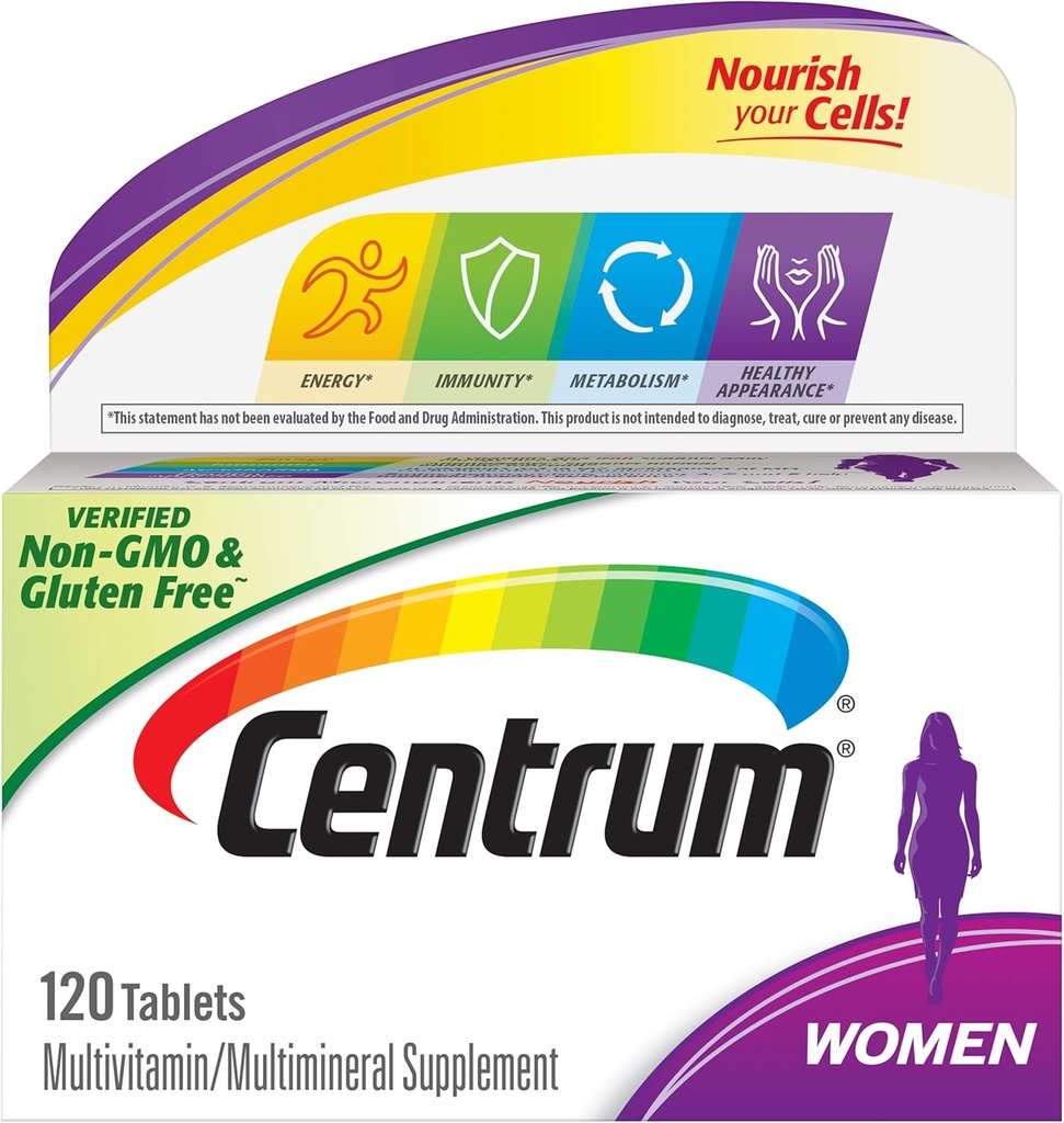 Centrum Multivitamin Tablet til kvinder, Multivitamin / Multimineral Supplement med jern, vitamin D3, B Vitamin og antioxidant Vitamin C og E, Gluten fri, non-GMO ingredienser - 120 Greve