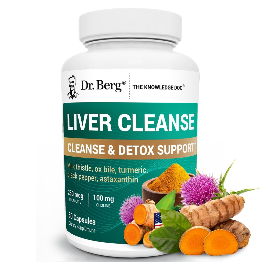 Dr. Berg lever rense Detox kapsler w / Unique Blend of Milk Thistle, Ox Bile & Folate - Lever supplement omfatter gurkemeje, sort pepper & cholin - 60 kapsler