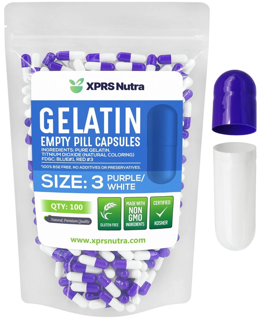 XPRS Nutra Størrelse 3 Tomme kapsler - 100 Tomme Gelatine kapsler - Piller gør det - Pure Bovin Pill Gel Caps til Do- It- Yourself Kosttilskud (lilla / hvid)
