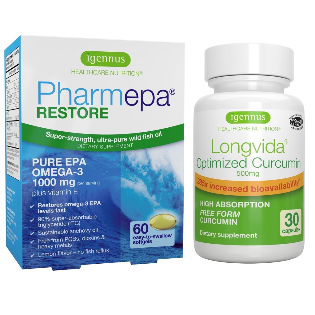 Pharmepa Restore & Longvida Lipideret Curcumin 500 mg Bundle, 1000mg Pure EPA Omega-3 Fish Oil & Ultra Bioavailable Curcumin, af Igennus