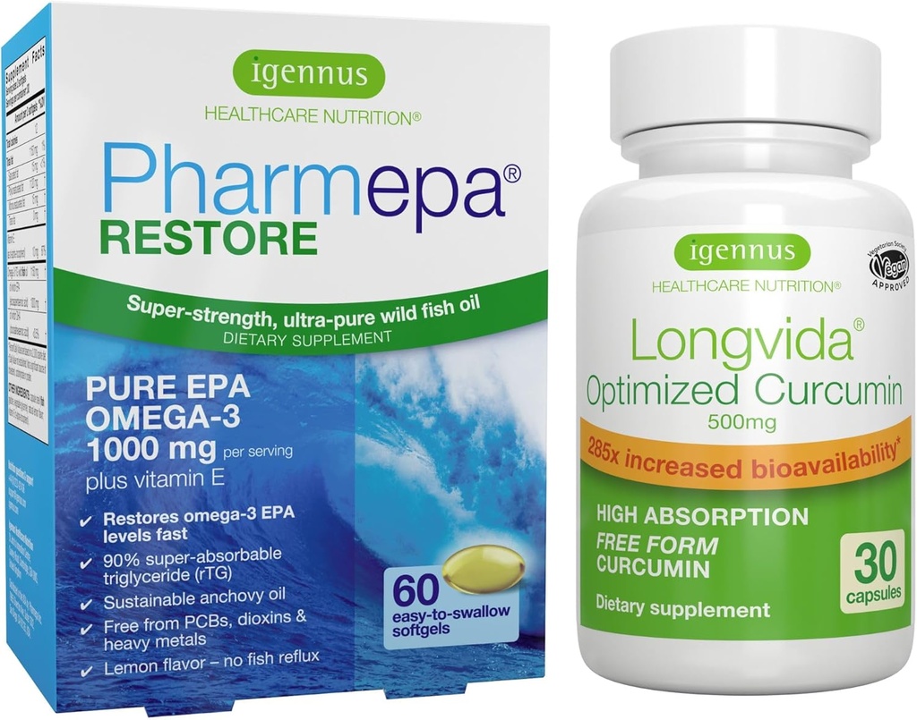 Pharmepa Restore & Longvida Lipideret Curcumin 500 mg Bundle, 1000mg Pure EPA Omega-3 Fish Oil & Ultra Bioavailable Curcumin, af Igennus