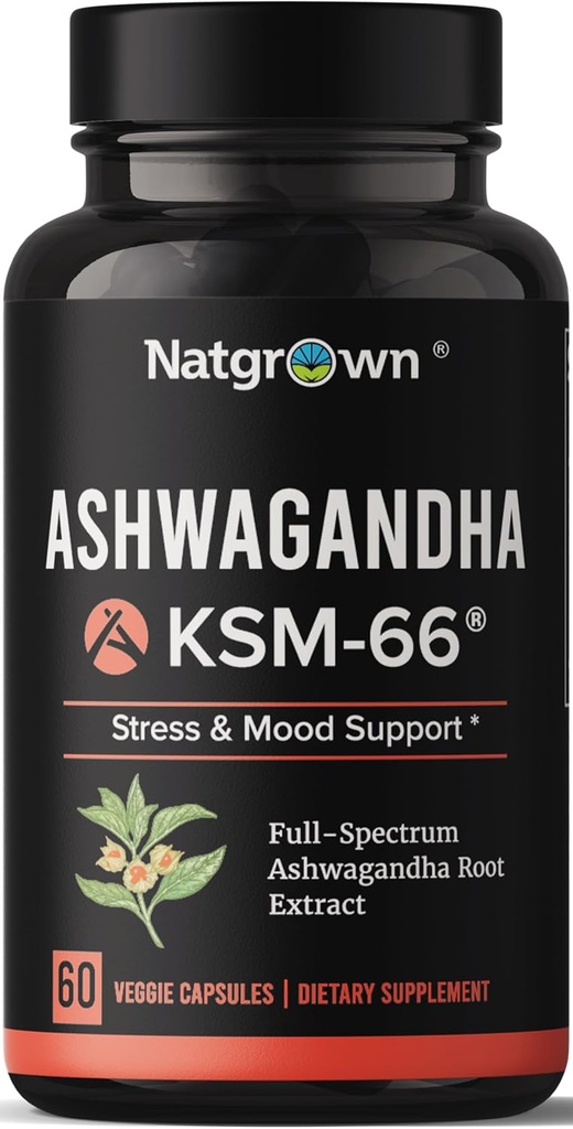 Natgrown Ashwagandha KSM 66 Supplement 600 mg - Stress, Mood, & Atletisk Support - Økologisk KSM66 Root Extract med 5% Hutanolides - Veganske kapsler - 60 Greve