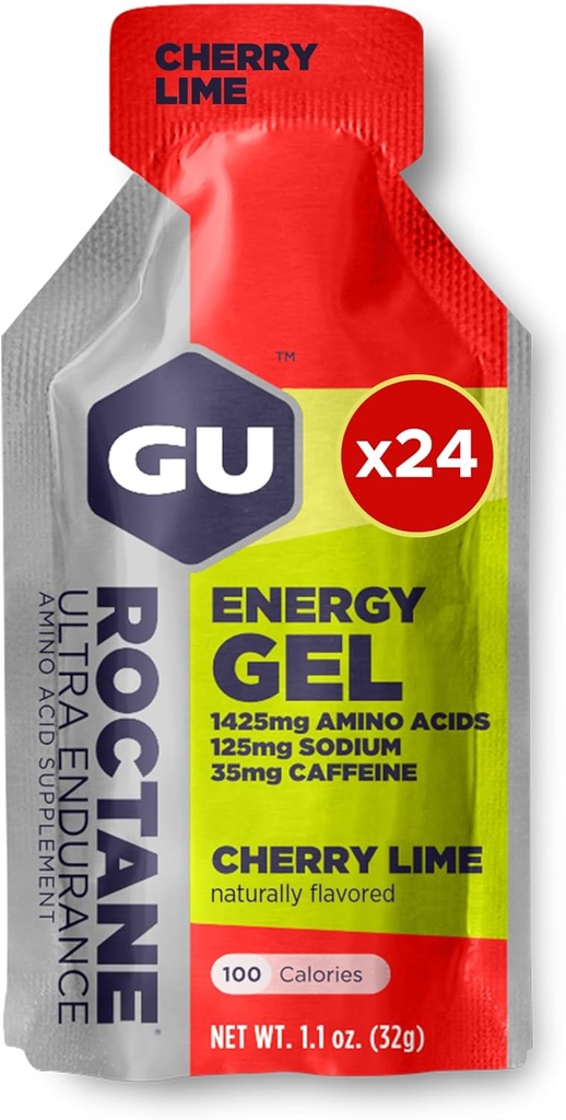 GU Energy Roctane Ultra Endurance Energy Gel, Vegan, Gluten- Free, Kosher og Dairy- Free On- The- Go Sport Nutrition til løb, cykling, vandreture eller Skiing, 24- Greve, Cherry Lime