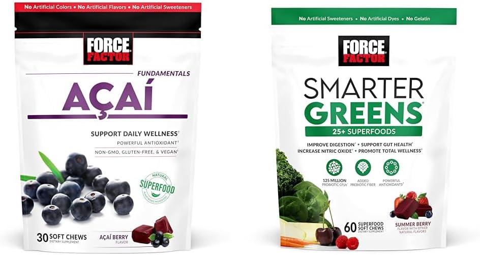 Force Factor Acai Soft Chews immunforsvar og Smarter Green Superfood Chews fordøjelsesstøtte bundle, 30 og 60 Greve