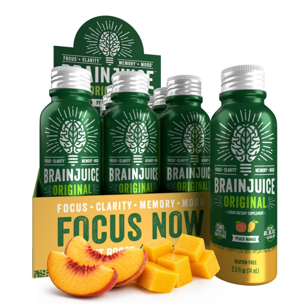 BrainJuice Brain Support Shot, Gluten Free Supplement Shots for Energy & Focus, Sunde drikke med Alpha GPC, Vitamin B & Organic Green Tea Extract Kaffein, Peach Mango, 2,5 fl oz, 12 Pack