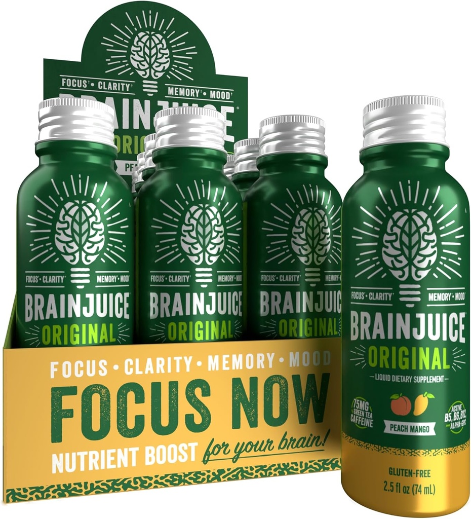 BrainJuice Brain Support Shot, Gluten Free Supplement Shots for Energy & Focus, Sunde drikke med Alpha GPC, Vitamin B & Organic Green Tea Extract Kaffein, Peach Mango, 2,5 fl oz, 12 Pack