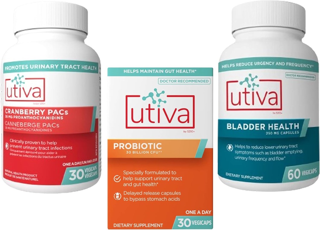 15% Bundle Utiva Cranberry Pacs Supplement for Urinary Tract Health 30 Vegi Capsule + Utiva Probiotic for Gut and Urinary Tract Health 30 Forsinket Release Vegi Capsule + Utiva Blogen Health 60 Capsule