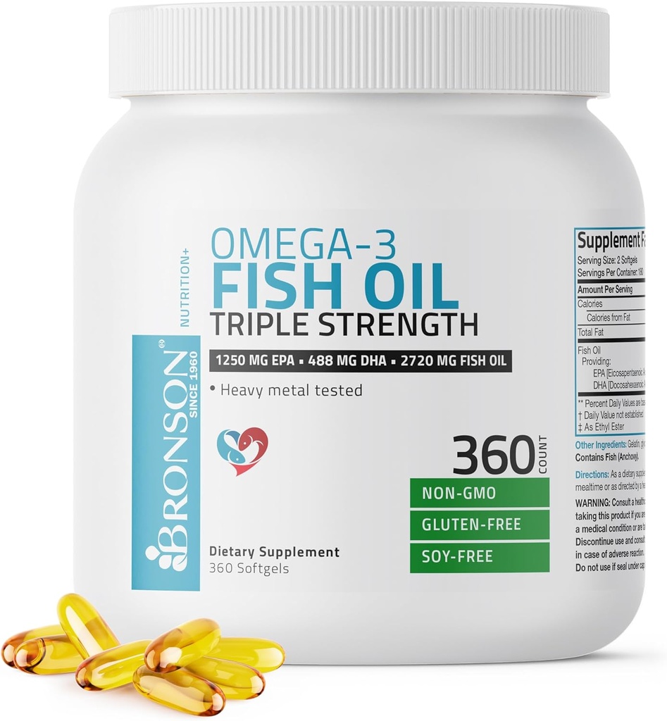 Bronson Omega 3 Fish Oil Triple Styrke 2720 mg, High EPA 1250 mg DHA 488 mg, Non- GMO Heavy Metal Testet, 360 Softgels