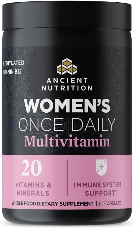Ancient Nutrition Multivitamin til kvinder, kvinders gang dagligt tillæg, Metlyated Vitamin B, C, K2, Magnesium, Folate & Iron, Understøtter Knoglerelateret, 30 Tæl