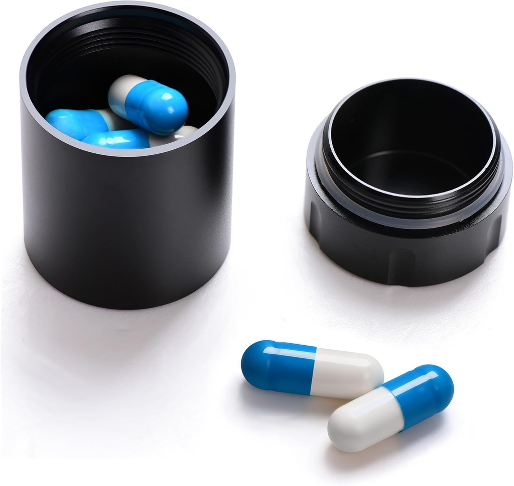 Bærbar Metal Lille Pill Case, Aluminium Alloy Round Pill Box for Rejser, Vandtæt Pill Box Organizer, Pocket Daliy Pill Holder Pill Container til Medicin Vitamin Fiskeolier (sort)