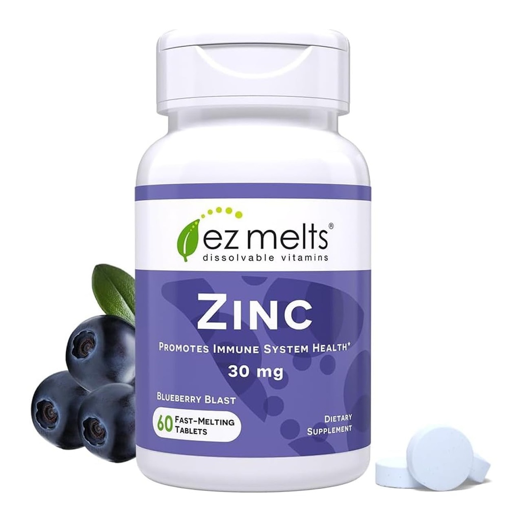 EZ Melts Zink - Supplement til immun-, fordøjelses- og hudsundhedssupport - ikke-GMO, Vegan & Gluten- Free - Blueberry Blast - 60 opløselige tabletter (60 Servering)