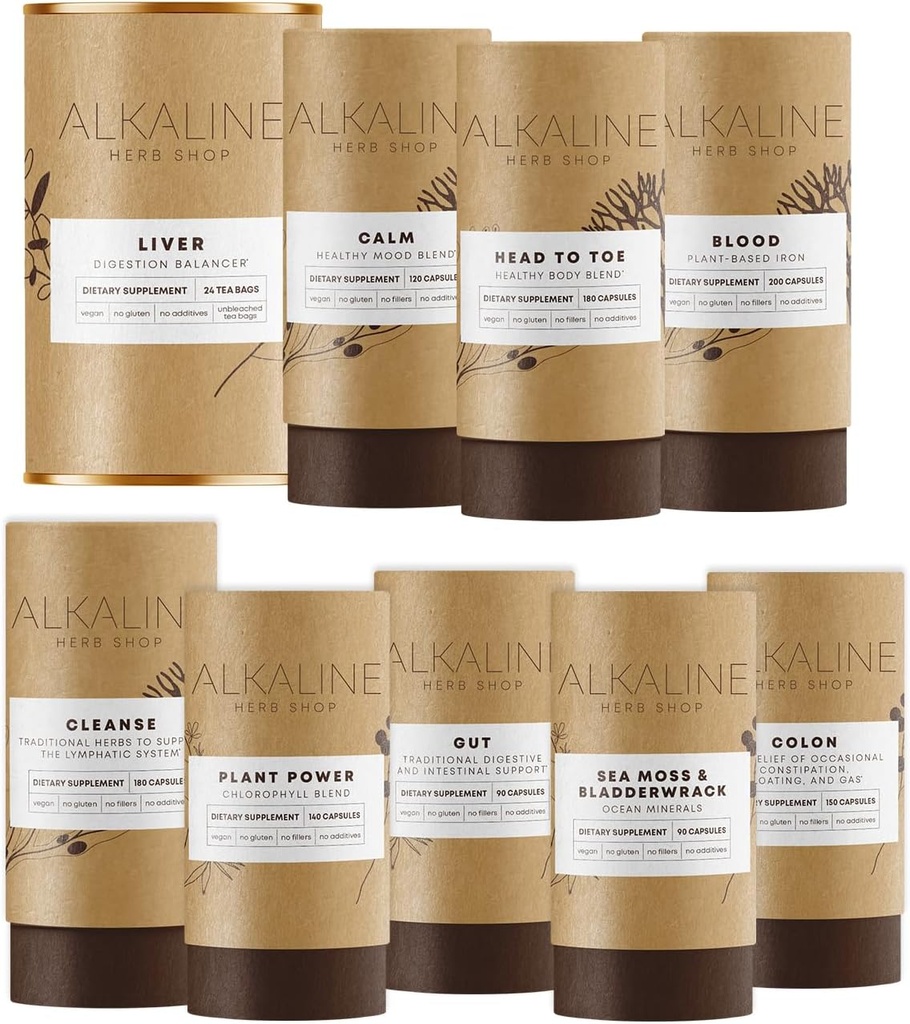 Alkaline Herb Shop Kroppen Essentials Bundle - Sea Moss & Bladderwrack, Chlorophyll, Jern, Happy Sund Body, Happy Colon, Happy Lymph, Gut, Happy Lever Tea og Happy Mood