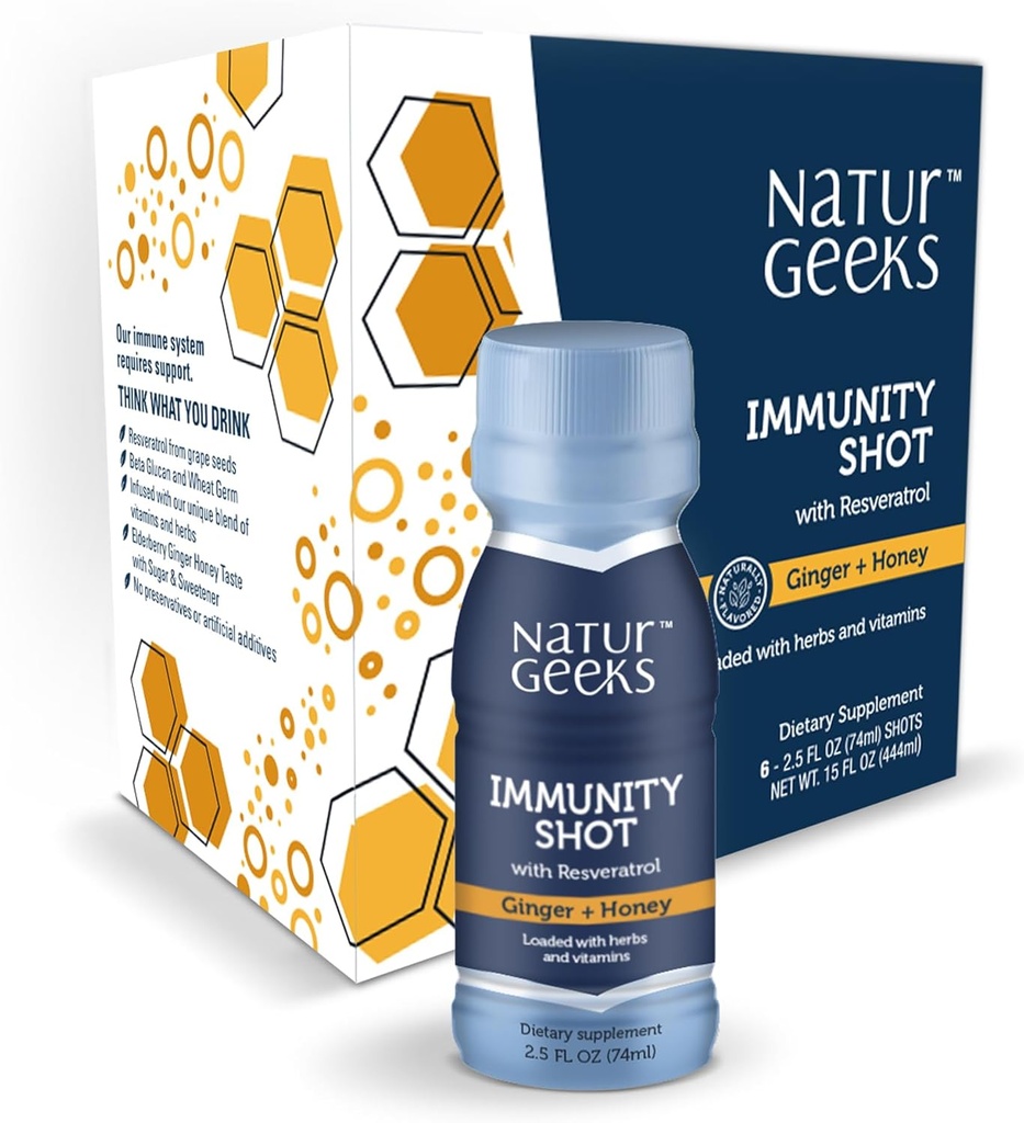 Immunitetsshoots med organisk ingefær + honningskål; vitaminer C, D, B6, B12 og Zinksko 124; flydende immunforsvar tilsat naturligt resveratrol og Spermidin