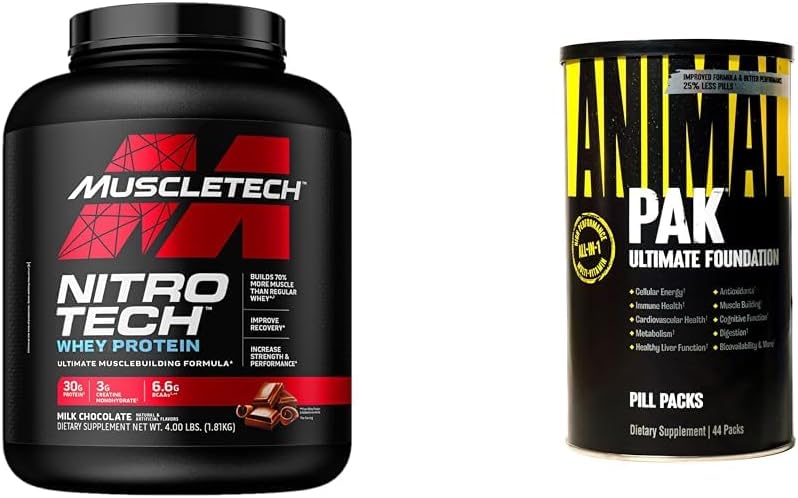 Muscletech Whey Protein Powder Nitro- Tech Whey Protein Isolate & Peptider & Animal Pak - Praktisk All- in- One Vitamin & Supplement Pack