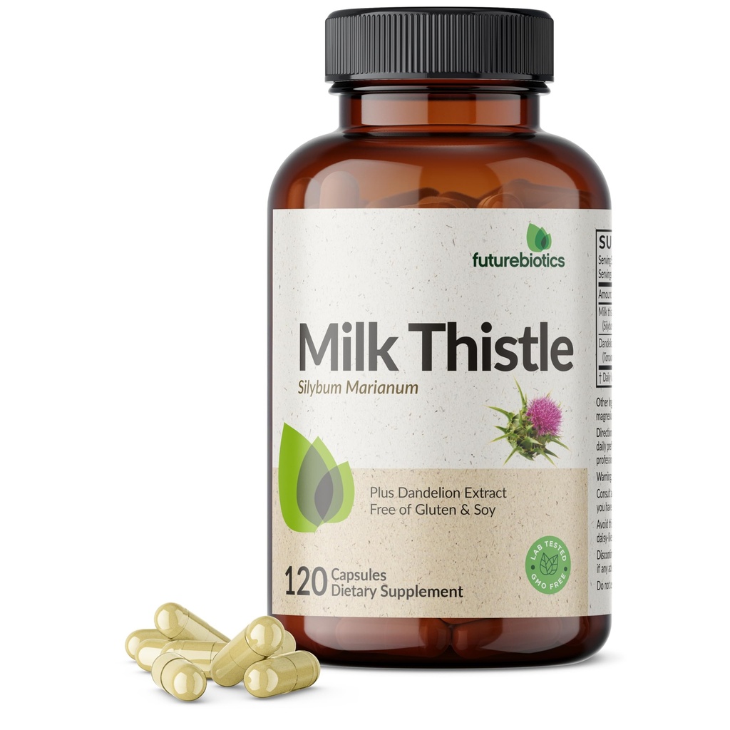 Futurebiotika Mælk Thistle Silymarin Marianum & Mælkebøtte Root Lever Health Support, Antioxidant Support, Detox, 120 Kapsler