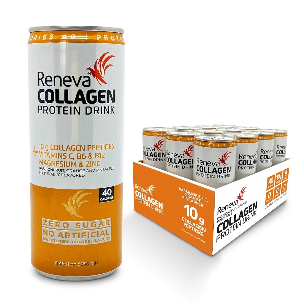 Reneva Collagen Protein Drink - 10g Collagen Peptider, Elektrolyter, B- Vitamin, Zink, og Zero Sugar (Passionsfrugt Orange Ananas)