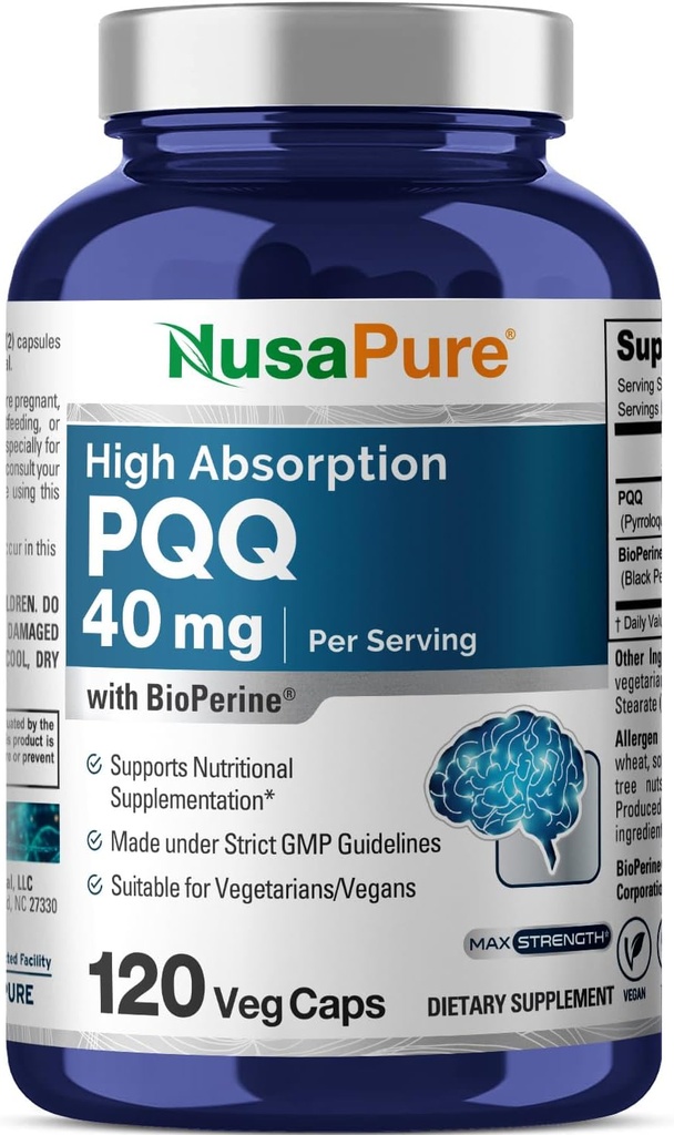 NusaPure PQQ Supplement 40 mg, 120 Veggie kapsler, non- GMO, Pyrroloquinolin Quinone Dinatriumsalt, Bioperin